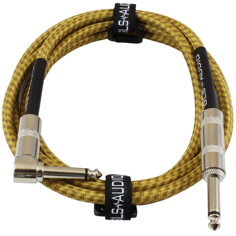 GLS Audio Instrument Cable - Amp Cord for Bass & Electric Guitar - Straight to Right Angle 1/4 Inch - Brown/Yellow Braided Tweed - 6ft Electric Guitar Cable - Image 1